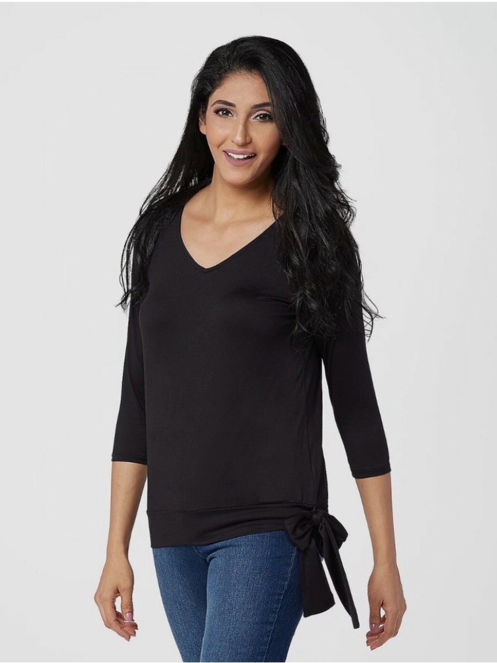 G.I.L.I. Black V-Neck Three-Quarter Sleeve Top with Side Tie